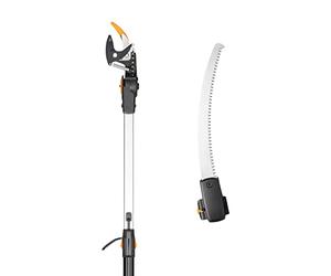 Fiskars Kit Coupe-Branches, Coupe-Branches Télescopique à Lame Franche | Lame en acier/Manche en aluminium, 2,4, 4 m, UPX86 et Adaptateur Scie à Arbre en Acier trempé, 46 cm, 1023634