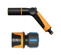 Fiskars Kit d'Arrosage, 2 Pièces, Pistolet Pulvérisateur, 2 Fonctions, Taille Universelle, Raccord de Tuyau Stop, Taille Universelle, Diamètre 13-15mm (1/2-5/8"), SoftGrip, Noir/Orange/Bleu, 1065493