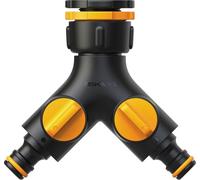 Fiskars Nez de Robinet 2 Sorties Multi filetage, avec valve on/off, Pour 3 Tailles de Filetage Ø 21 mm (1/2"), Ø 26,5 mm (3/4") et Ø 33,3 mm (1"), 85 g, Noir/Orange, 1027061