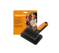 Fiskars Pet Slicker Brosse pour Chat et Chien à Rejeter, Poils Fins et Poignée Softgrip pour un Soin en Douceur, 16,5 cm, Orange/Noir