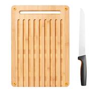 Fiskars Planche à Découper en Bambou et Couteau à Pain, Functional Form, Bambou/Acier Inoxydable Japonais/Plastique, 1057551