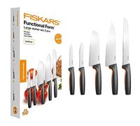 Fiskars Set de 5 Couteaux de Cuisine, Functional Form, inclus: Couteau de Chef (grand), Couteau à Légumes, Couteau à Tomates, Couteau Santoku et Couteau à Pain, Inox Japonais/Plastique, 1057558