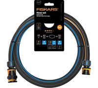 Fiskars Set de Tuyaux d'Arrosage pour Dévidoir, Avec 2 Raccords de Tuyau et raccord de robinet Multiprise, Résistance à la torsion niveau 4, 1,8 m, Ø 1,3-1,5 cm (1/2-5/8''), Noir/Orange/Bleu, 1057621