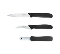 Fiskars Set d'Épluchage, 3 Pièces: Couteau à Éplucher (11 cm), Couteau à Légumes (7 cm), Économe/Éplucheur (7 cm), Essential, Acier Inoxydable/Plastique PP, Noir, 1065600