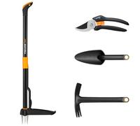 Fiskars Set d'outils de Jardin, 4 pièces, Désherbeur Xact, Longueur : 1 m | Binette Solid, 28 cm, Transplantoir Solid, 28 cm, Sécateur bypass Solid P121, 1077309