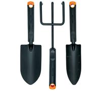 Fiskars Set d'outils de jardinage, 3 pièces, Déplantoir, Transplantoir, Griffe de Jardin, tête en acier inoxydable/poignée en plastique, noir/orange, Ergo, 1027681