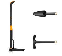 Fiskars Set d'outils de jardinage, 3 pièces, désherbeur Xact, acier inoxydable/plastique, déplantoir et serfouette Solid, plastique renforcé de fibres de verre, noir/orange, 1077307