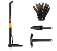 Fiskars Set d'outils de jardinage , 4 pièces, désherbeur Xact, acier inoxydable/plastique, Serfouette et Déplantoir Solid, FiberComp, gants de travail pour le jardin, taille : 10, noir/orange, 1077308
