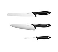 Fiskars Set de 3 couteaux Essential – Chef 20 cm, Pain 23 cm, Éplucheur 11 cm, inox/PP noir