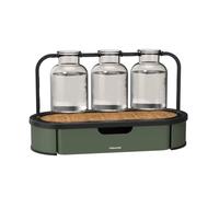 Fiskars Urban Plant Care Station de Culture, Jusqu'à 3 Boutures, 3 Bocaux en Verre et Support en Métal avec Base de Stockage, Vert Olive, 1080912