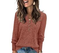 Fisoew Pull pour Femme - Col en V - Léger - Manches Longues - Élégant - Tricoté côtelé - Sweatshirt Basique - Haut Ample avec Bouton, Rouge Brique, XL