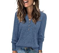 Fisoew Pull pour Femme - Col en V - Léger - Manches Longues - Élégant - Tricoté côtelé - Sweatshirt Basique - Haut Ample avec Bouton, Bleu, XL