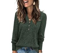 Fisoew Pull pour Femme - Col en V - Léger - Manches Longues - Élégant - Tricoté côtelé - Sweatshirt Basique - Haut Ample avec Bouton, Vert, XL