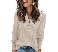 Fisoew Pull pour Femme - Col en V - Léger - Manches Longues - Élégant - Tricoté côtelé - Sweatshirt Basique - Haut Ample avec Bouton, Beige, XL