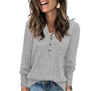 Fisoew Pull pour Femme - Col en V - Léger - Manches Longues - Élégant - Tricoté côtelé - Sweatshirt Basique - Haut Ample avec Bouton, Gris-1, XL