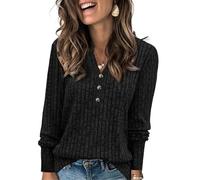 Fisoew Pull pour Femme - Col en V - Léger - Manches Longues - Élégant - Tricoté côtelé - Sweatshirt Basique - Haut Ample avec Bouton, Noir-1, XL