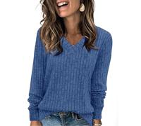 Fisoew Pull pour Femme - Col en V - Léger - Manches Longues - Élégant - Tricoté côtelé - Sweatshirt Basique - Haut Ample avec Bouton, Bleu Saphir, XL