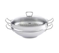 Fissler Kunming Wok en Acier Inoxydable (Ø 36 cm), Grande Poêle Non Revêtue, Poêle Asiatique avec Couvercle en Verre, avec Insert à Grille, Tout Type de Feu - Y Compris l’Induction