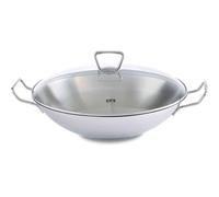 Fissler Kunming Wok en Acier Inoxydable (Ø 36 cm), Grande Poêle Non Revêtue, Poêle Asiatique avec Couvercle en Verre, avec Insert à Grille, Tout Type de Feu - Y Compris l’Induction