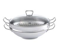 Fissler Nanjing Wok en Acier Inoxydable (Ø 36 cm), Grande Poêle Tronconique Non Revêtue, Poêle Asiatique avec Couvercle en Verre, avec Panier Vapeur, pour Tout Type de Feu Y Compris Induction