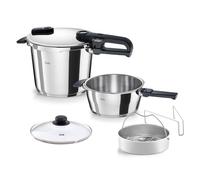 Fissler, Vitaquick® Edition Set pentole a pressione 6 pezzi (3,5 L + 6 L, Ø 22 cm), coperchio metallo, vetro, cestello & treppiede, induzione, Made in Germany