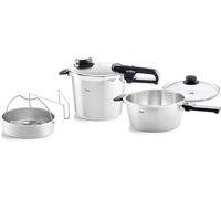 Fissler Vitavit Premium Set avec Autocuiseur, 5 Pièces (6 l - Ø 22 cm Et Poêle-Autocuiseur 3,5 l - Ø 22 cm) avec Couvercle Métallique, Couvercle en Verre, Panier Perforé - Compatible Induction