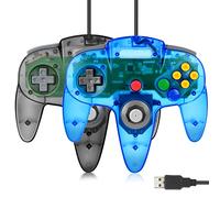 FISUPER - Lot de 2 manettes de jeu vidéo USB N64, manettes de jeu vidéo filaires USB pour Windows, PC, Mac, Raspberry PI Retropie (noir transparent + bleu clair)