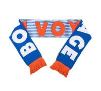 Fisura - Écharpe femme hiver bleu et orange avec message “Bon voyage”. Écharpe réversible 150 cm avec franges. Écharpe douce, chaude et légère pour l’hiver. Accessoire hiver tendance.