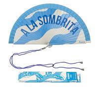 Fisura - Éventail Bois Original avec Message “A la sombrita”, éventail Main réversible Design Moderne coloré, Bleu Blanc, Accessoire été avec Cordon Inclus, Dimensions 42,5 x 23 cm