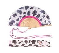 Fisura - Éventail en bois au motif vache noir et blanc. Accessoire tendance et coloré, ventilateur à main original avec attache incluse. Dimensions : 42,5 x 23 cm