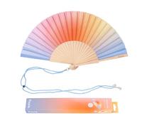 Fisura Éventail en bois avec dégradé bleu et orange. Accessoire élégant et unique pour l'été, ventilateur manuel original avec crochet. Dimensions : 42,5 x 23 cm