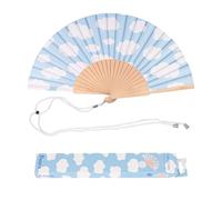Fisura - Éventail en bois avec imprimé nuages. Accessoire élégant et tendance, ventilateur de poche bleu avec crochet inclus. Idéal pour affronter la chaleur avec style. Taille : 42,5 x 23 cm
