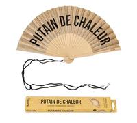 Fisura - Éventail en Bois avec Message « P*Tain de Chaleur », Design Paillettes dorées, Accessoire été Pliable avec dragonne, Ventilateur à Main Original pour Plage, Festival. Cadeau Femme 42,5x23 cm