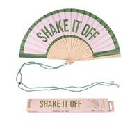 Fisura - Éventail en bois avec message “shake it off”. Accessoire coloré et tendance, ventilateur de poche dégradé rose et vert avec attache incluse. Dimensions : 42,5 x 23 cm