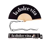 Fisura - Éventail en bois chic avec message “dolce vita”. Accessoire original et coloré, ventilateur de poche noir avec crochet inclus. Dimensions : 42,5 x 23 cm