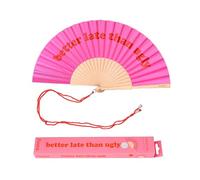 Fisura - Éventail en bois design avec message “better late than ugly”. Accessoire coloré et moderne. Ventilateur de poche rouge et rose avec crochet pratique. Dimensions : 42,5 x 23 cm