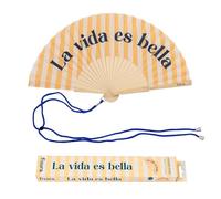 Fisura - Éventail en Bois « La Vie est Belle », éventail à Main Moderne Jaune à Rayures, Accessoire été coloré avec dragonne Incluse, idée Cadeau Originale, 42,5 x 23 cm