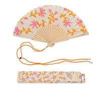 Fisura - Éventail en Bois Motif Fleurs Orange et Rose, Accessoire à Main Design coloré avec dragonne Incluse, Style Estival pour Plage, terrasse et Vacances, idée Cadeau Femme 42,5 x 23 cm