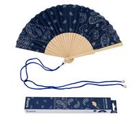 Fisura - Éventail en Bois Motif Paisley Bleu Marine, Accessoire à Main élégant avec dragonne Incluse, Style Estival Tendance pour Plage, terrasse et Vacances, idée Cadeau Femme 42,5 x 23 cm