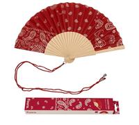 Fisura - Éventail en Bois Motif Paisley Rouge, Accessoire à Main coloré avec dragonne Incluse, Style été Moderne pour Plage, Festival et Voyage, idée Cadeau Femme 42,5 x 23 cm