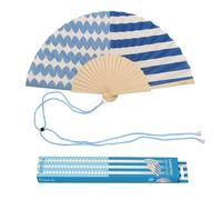 Fisura - Éventail en Bois Motif Rayures et Vagues Bleu, Accessoire à Main Moderne avec dragonne Incluse, Style Estival coloré pour Plage, Voyage et Festival, idée Cadeau Femme 42,5 x 23 cm