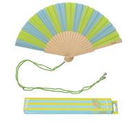 Fisura - Éventail en Bois Motif Rayures Vert et Bleu, Accessoire à Main Tendance avec dragonne Incluse, Style coloré pour Plage, terrasse et Voyage, idée Cadeau Femme 42,5 x 23 cm