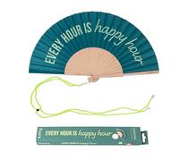 Fisura - Éventail en bois original avec message “happy hour”. Accessoire coloré et moderne, ventilateur de poche vert avec crochet inclus. Dimensions : 42,5 x 23 cm