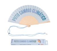 Fisura - Éventail en Bois Original avec Message “p*Tain de Changement Climatique”. Accessoire Tendance et coloré, Ventilateur de Poche Bleu avec Crochet Inclus. Dimensions : 42,5 x 23 cm