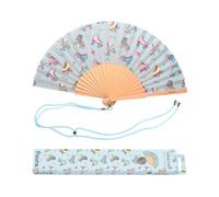 fisura. - Éventail original avec dessin de patins. Éventail en bois moderne et amusant. Éventail bleu. Dimensions : 42,5 X 23 centimètres. Matériau : Bois et textile.