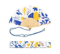Fisura - Éventail Original avec Motif Floral Bleu et Jaune. Éventail Moderne et coloré en Bois. Éventail avec Cordon pour éventail. Dimensions : 42,5 x 23 cm., AHP2410149