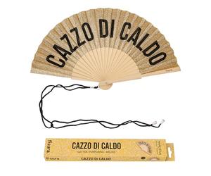 Fisura - Éventail Original avec Message “c*zzo di Caldo”. Accessoire en Bois Moderne et coloré. Ventilateur à Main pailleté doré. Dragonne Incluse. Idée Cadeau Amusante. 42,5 x 23 cm