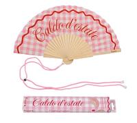 fisura. - Éventail original avec message “Caldo d'estate”. Accessoire en bois moderne et coloré. Ventilateur à main à carreaux roses. Dragonne incluse. Idée cadeau amusante. 42,5 x 23 cm