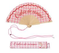 Fisura - Éventail Original avec Message « Calor de Verano » - Éventail en Bois Moderne à Carreaux Roses. Accessoire coloré avec Cordon Inclus - Idée Cadeau été - 42,5 x 23 cm