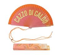 fisura - Éventail original avec message « Cazzo di caldo ». Accessoire en bois réversible moderne et coloré. Ventilateur main dégradé rose orange. Crochet inclus. 42,5 x 23 cm